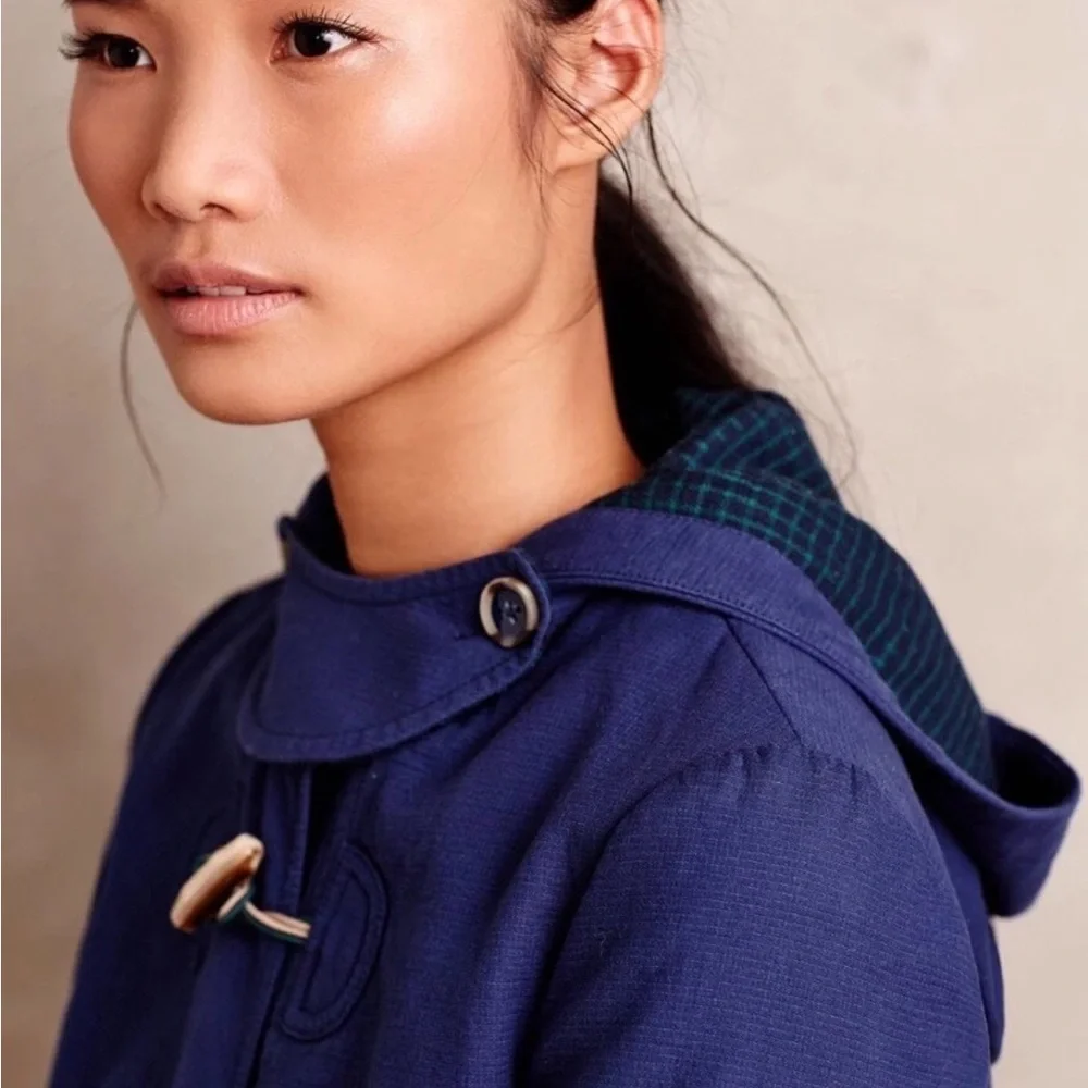 ANTHROPOLOGIE CARTONNIER Navy Blue Brown Toggle Hooded Cadet Coat Zip Jacket S